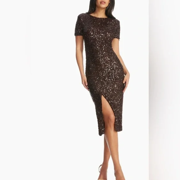 Dress the Population Women's Natasha Sequin Sheath Mocha Midi Dress XL - Picture 5 of 16